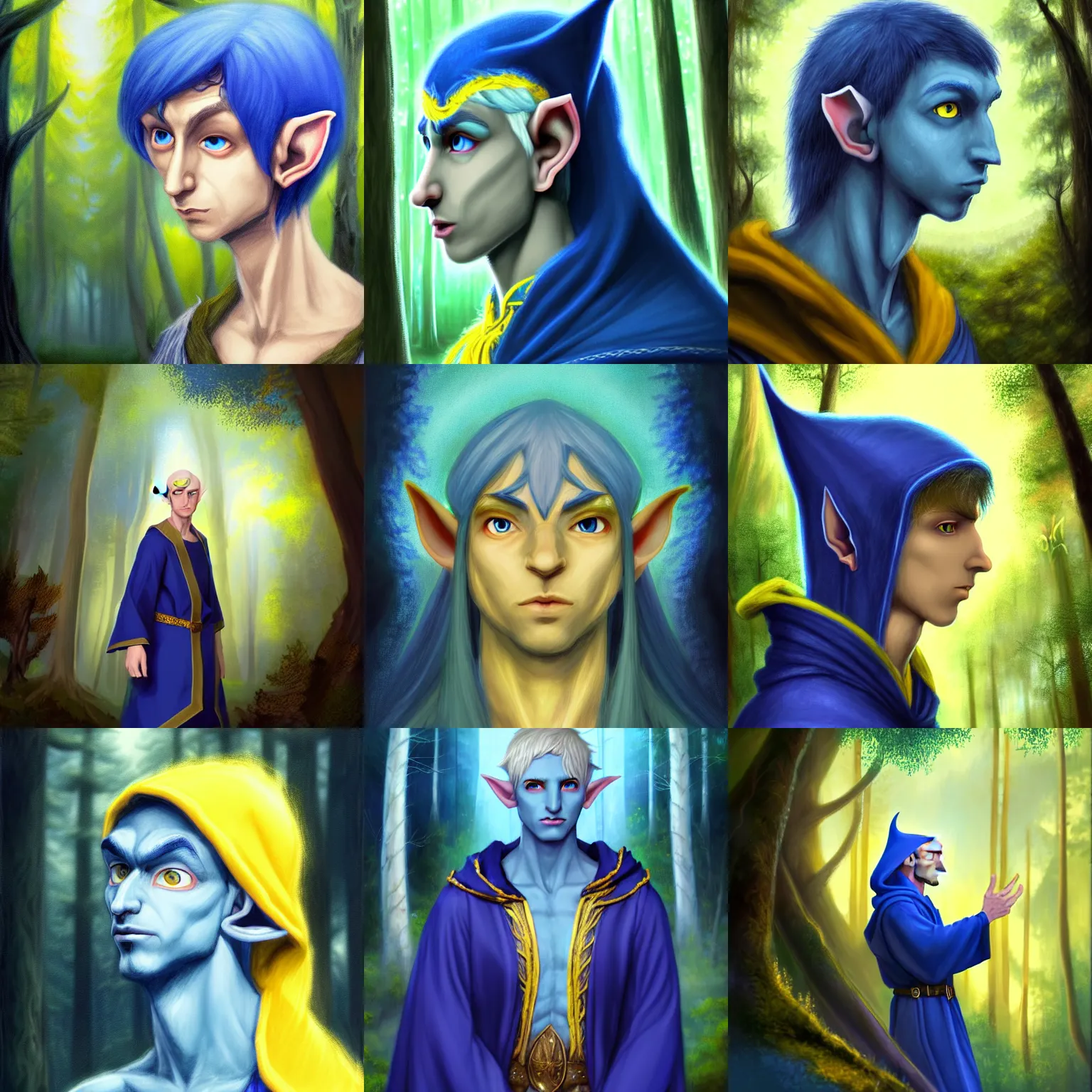 Prompt: A blue skinned male elf with yellow eyes, young noble, scholar, clad in robes, curious, forwards facing, profile shot, centered, fair, fantasy concept art, beautiful, mystical eyes, magical lighting, mystical, shimmers, nature, oil painting, forest background