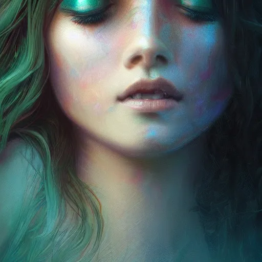 Prompt: haunting beautiful young woman, detailed photo realistic gorgeous face turning into a tree, branches, leaves, dark, ominous, sad eyes, glowing hue of teal, vaporwave aesthetic, synthwave , digital painting, artstation, concept art, smooth, sharp focus, illustration, art by artgerm and greg rutkowski and alphonse mucha