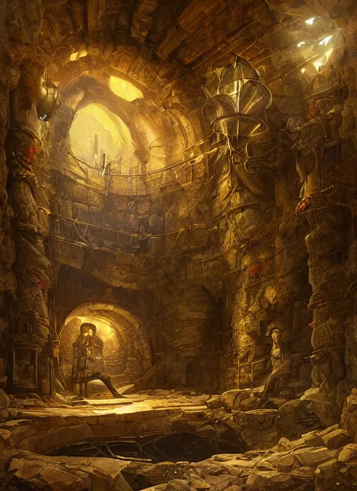 Prompt: medieval treasure gold vault, epic atmosphere, by greg rutkowski, nature by asher brown durand