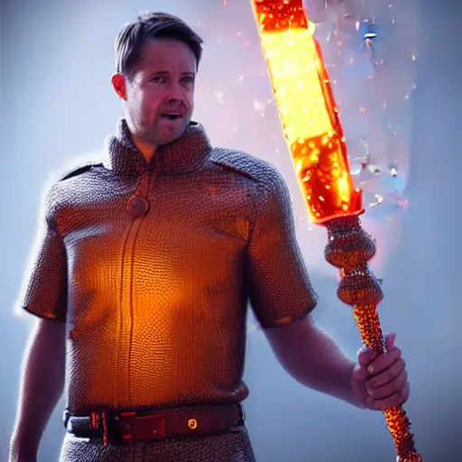 Prompt: Michael Owen wearing chainmail tunic holding a glowing fire magical staff. Trending on Artstation, octane render, ultra detailed, art by Ross tran