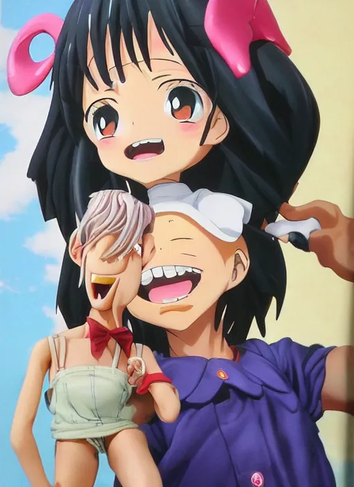 Prompt: a lifelike oil panting of an anime girl figurine caricature with a big dumb grin featured on Nickelodeon by jack davis