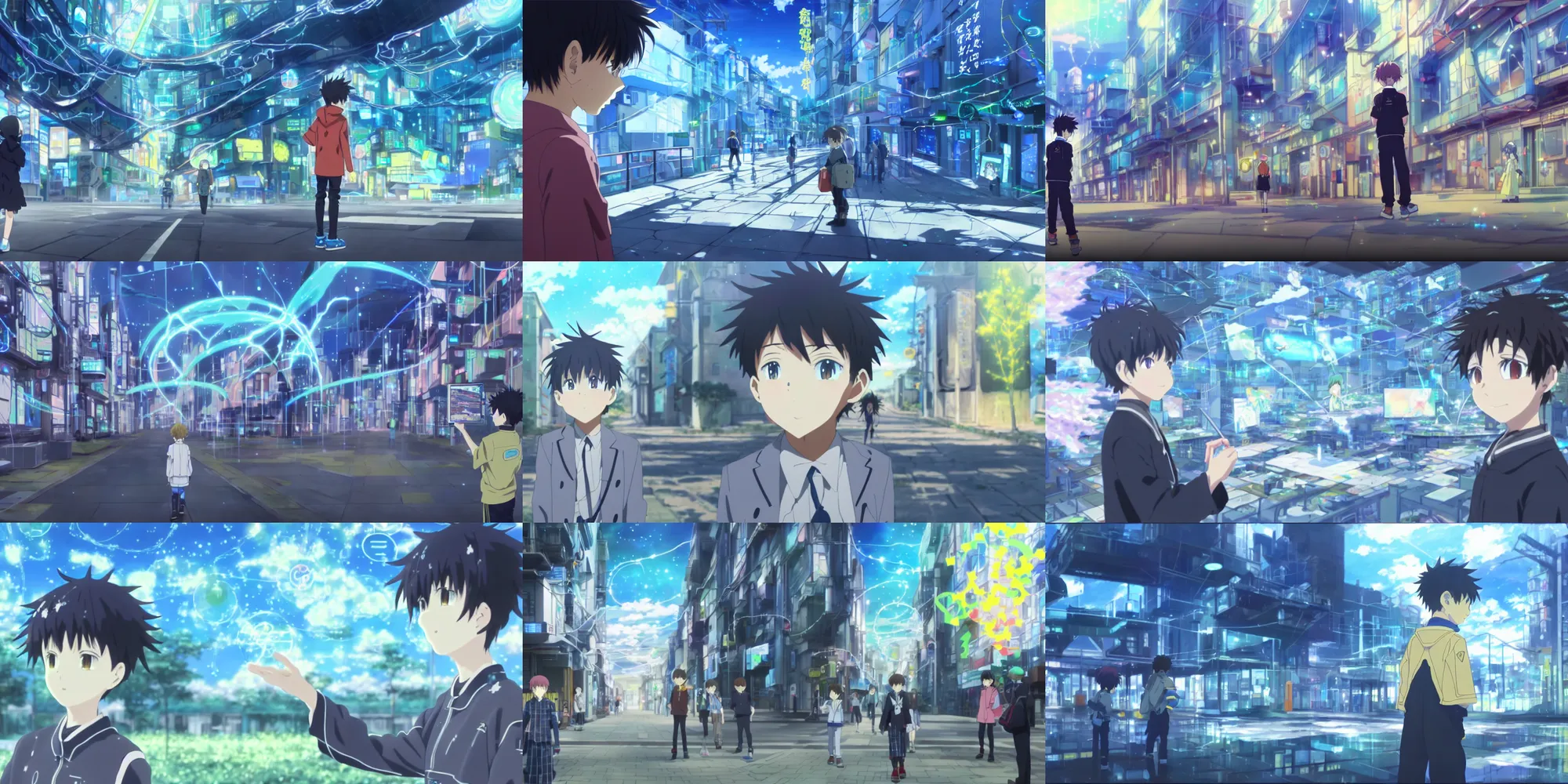 Prompt: painting of near future technological world, magical realism, screenshot from the Kyoto Animation anime about the boy who wears nervegear, augmented reality, real life blended with digital world
