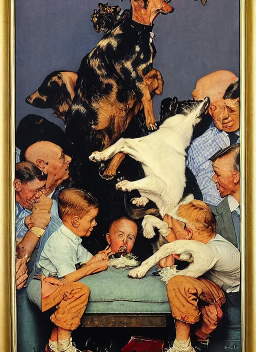 Image similar to a norman rockwell painting of an exploding dog