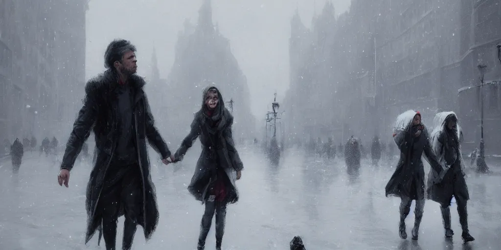 Image similar to two people in the street of london in winters, greg rutkowski style, trending on artstation