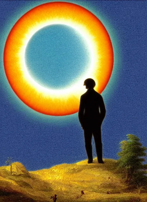 Image similar to a human silhouette observing an eclipse in the distance, painted by caspar david friedrich with chromatic chromatic aberration and datamoshing artifacts