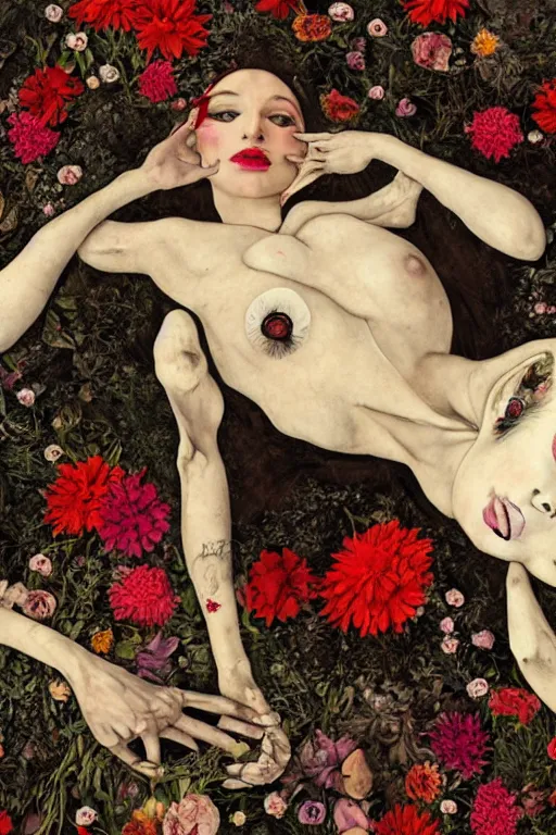 Image similar to a woman laying ing on a bed of flowers and bones, large eyes and lips, HD Mixed media collage, depth of field, highly detailed and intricate, surreal illustration in the style of Caravaggio and Egon Schiele, baroque dark art