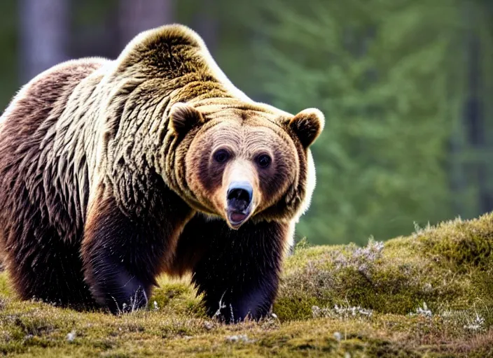 Image similar to an award winning photo of a grizzly bear with an owl's head, enviromental portrait, forest, 4 k, wildlife photography, high quality, national geographic