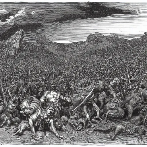 Image similar to woodblock print of the sons of cain wandering antediluvian fields with their beastly herds, genesis, by gustave dore