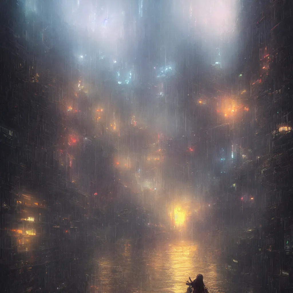 Image similar to ta ha, volumetric lighting, highly detailed, by greg rutkowski, complementing colors, god looking at me, heavy rainy, lofty heavens, water reflection, flowers, hyper realistic, concept art, 8 k detail post - processing, cyberpunk, arcane style