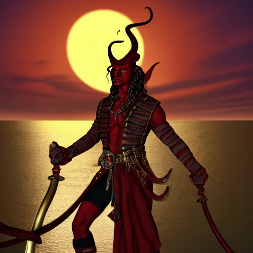 Prompt: a red skinned horned male tiefling, dungeons and dragons, chiseled features, wearing a pirate coat with shiny gold buckles and a rapier on his hip, standing at the prow of his ship looking out over the water, uhd, 8 k, high detail, sunset lighting