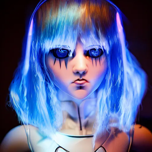Prompt: blue cyber porcelain doll with led eyes. standing in middle of dark hallway. volumetric light on back. broken neon lighting. cyberpunk. high details, photorealistic, artstation trending. dark mood. anime, akira.