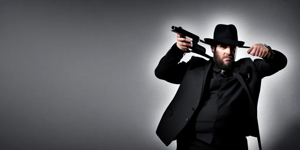 Image similar to serious looking man in a black suit and black fedora hat. he has a big silver gun, 4 k, atmospheric, epic scene, strong shadows, high contrast