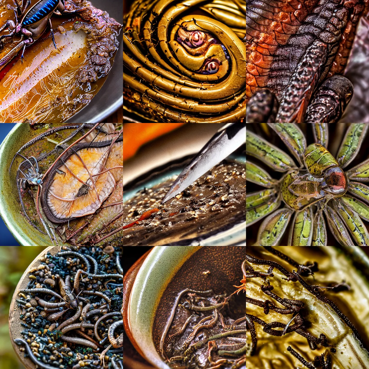 Prompt: nasty dish from bugs and worms, close - up, disgusting, highly detailed, smooth, sharp focus, professional fine details photo