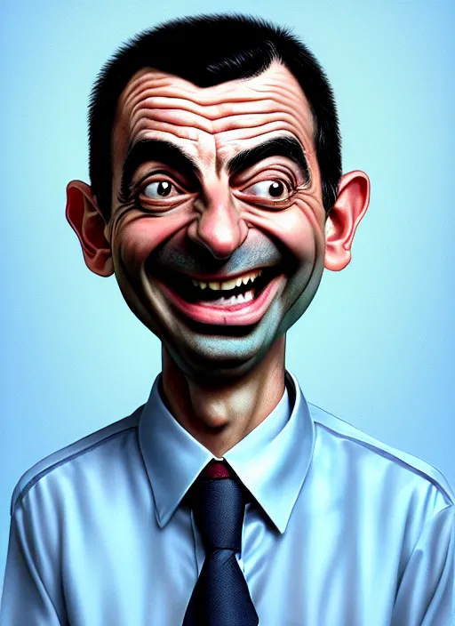 Image similar to highly detailed pencil sketch caricature portrait of smiling mr bean waiter by ross tran, by greg rutkowski, brush strokes, 4 k resolution, light blue pastel background