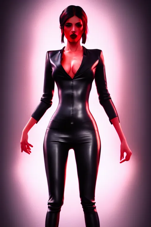 Prompt: dreamy girl character with perfect body in a nice black leather suit and red lips, very artistic pose, perfect lighting. professional design. great composition, illustration, highly detailed, digital painting, concept art, trending on artstation, unreal engine 5, ray tracing