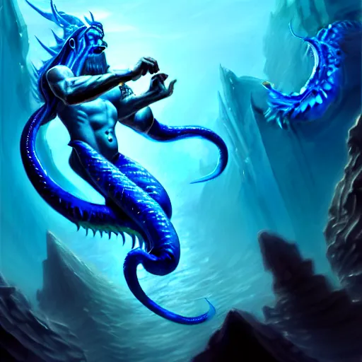 Prompt: beautiful blue naga merman wizard, underwater combat scene, zoomed out, 5 e, d & d, world of warcraft, fantasy, wide angle shot, highly detailed, masterpiece, digital painting, artstation, concept art, smooth, sharp focus, illustration, art by artgerm, by greg rutkowski