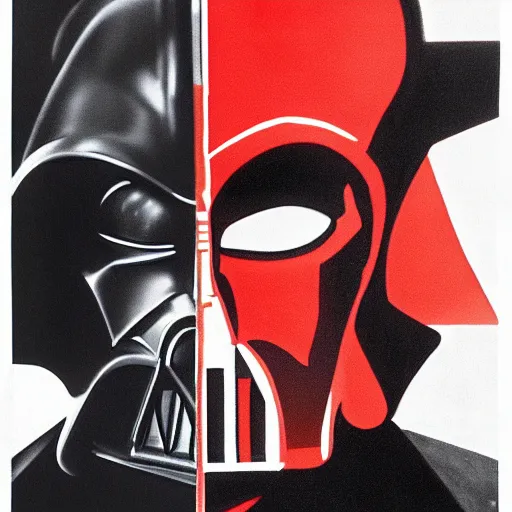 Prompt: A German Expressionist film poster of a face split between Darth Vader and Anakin Skywalker; two tone, black and red; photorealistic