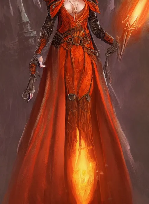 Image similar to dark orange cloak female priest, ultra detailed fantasy, dndbeyond, bright, colourful, concept sheet, realistic, dnd character portrait, full body, pathfinder, pinterest, art by ralph horsley, dnd, rpg, lotr game design fanart by concept art, behance hd, artstation, deviantart, hdr render in unreal engine 5