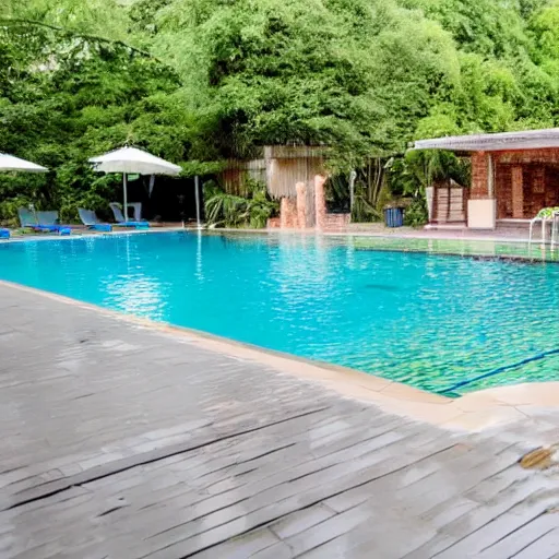 Prompt: swimming pool with yellow water, family splashing in water