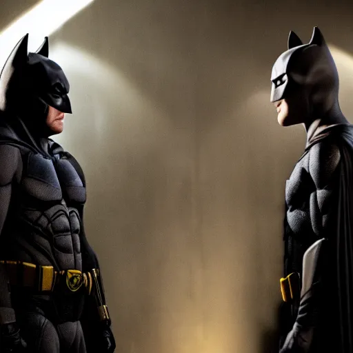 Image similar to A still of Ben Affleck's Batman meeting Michael Keaton's Batman, 4k, photograph, ultra realistic, highly detailed, studio lighting