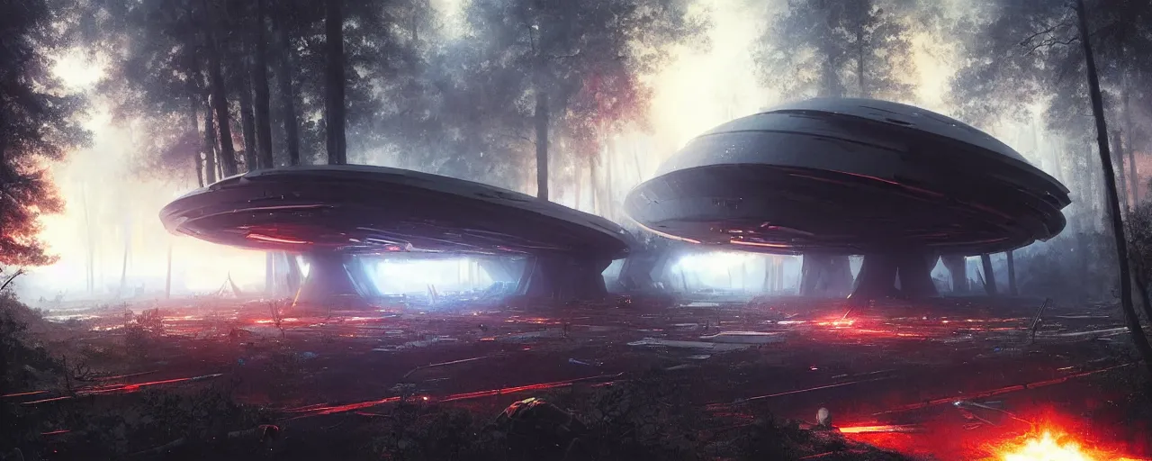 Prompt: ig powerful laser light and big sound system on the left side close to the camera, a giant megastructure spaceship wrecked and lost in the forest, a small fire in the distance, detailed digital art by greg rutkowski.