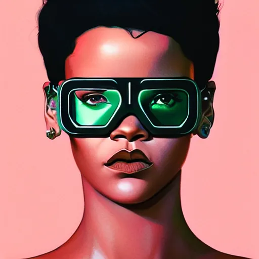 Prompt: Rihanna wearing opaque reflective goggles profile picture by Greg Rutkowski, asymmetrical, futuristic, volumetric lights, streetwear, studio ghibli, Organic Painting , Matte Painting, geometric shapes, hard edges, trending on the artstation, fantasy LUT, realistic by Sachin Teng + Martin Grip + Moebius + Patrick Gleason, smooth, sharp focus, illustration, art by John Collier and Albert Aublet and Krenz Cushart and Artem Demura and Alphonse Mucha, techwear, Industrial Scifi, detailed illustration, character portrait,