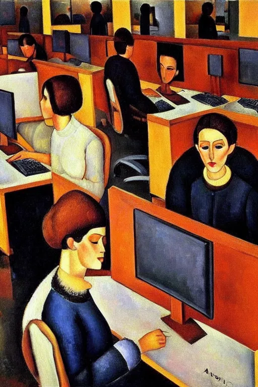 Image similar to oil painting highly detailed computer workers in office painted by amadeo modigliani