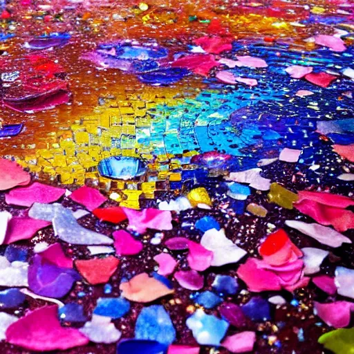 Prompt: extreme close-up of maximalist waterfall with water full of broken mirror pieces and millions of tiny colorful flower petals, bright saturated colors, scintillating, trending on ArtStation, beautiful!!! stunning!!! waterfall, impressionistic oil on canvas