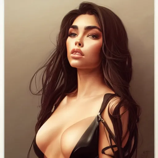 Image similar to portrait of madison beer wearing a skintight suit, intricate, elegant, highly detailed, digital painting, artstation, concept art, smooth, sharp focus, illustration, art by artgerm and greg rutkowski and alphonse mucha, 8 k