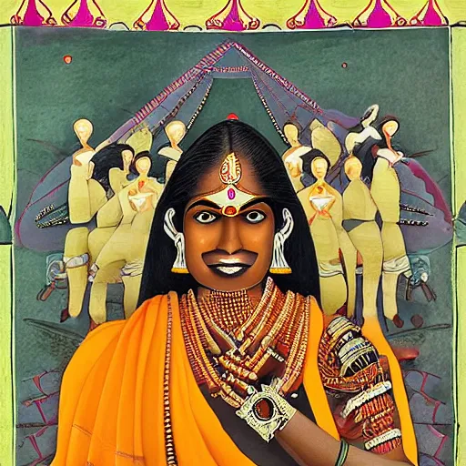 Prompt: a detailed and beautiful indian mural portrait of a futuristic emporer presiding over a robot army, cinematic