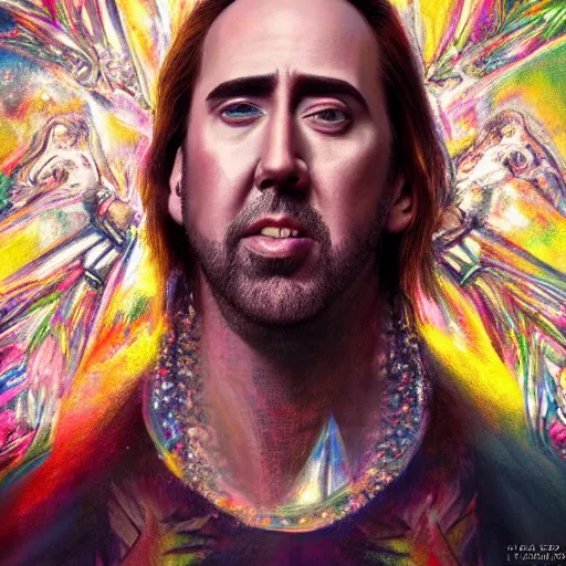 Image similar to a portrait of nicholas cage as jesus on an acid trip, upper half portrait, robotic background, psychedelic painting on face, intricate, elegant, highly detailed, digital painting, trending on artstation, concept art, smooth sharp focus, illustration, art by artgerm and greg rutkowski