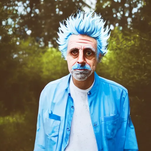 Image similar to portrait photo still of real life rick sanchez from rick and morty, blue hair, wild eyes, scientist outfit, 8 k, 8 5 mm f 1. 8