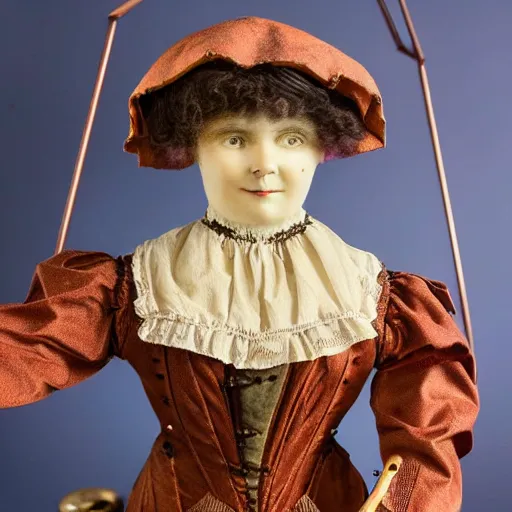 Prompt: full - color photo of a victorian female automaton which is a schoolteacher that writes poems on a chalkboard. it has a beautiful woman's face, and it is made of copper and porcelain and fabric, with complex intricate wind - up clockwork mechanisms. it is on display in a history - museum with studio - lighting, and is coin - operated.