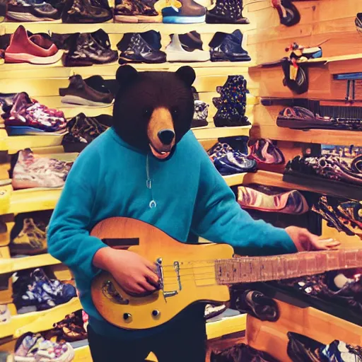 Image similar to a photograph of a man poorly cosplaying as a bear while holding a guitar, he is in a shoe store, he is standing in between long store isles, vivid color, 50mm