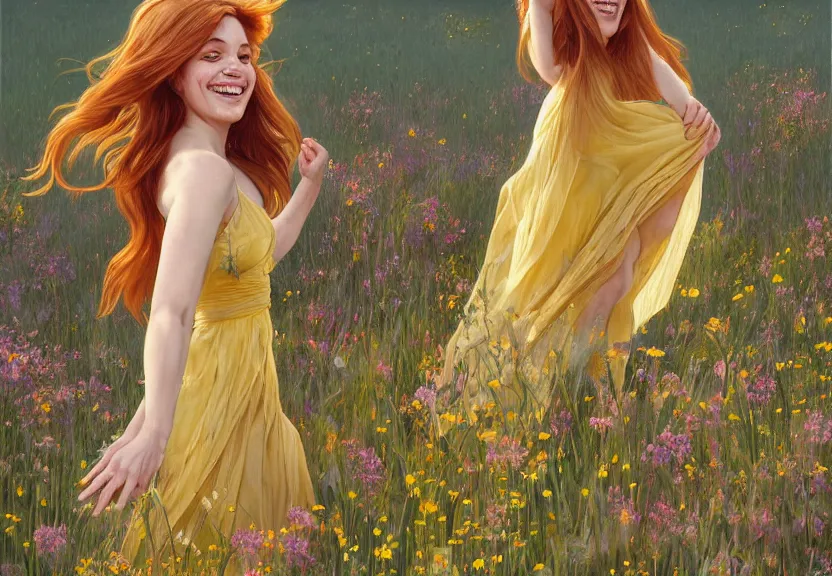 Image similar to a happy woman with copper hair and a flowing yellow sundress dancing in a field of wildflowers, with cute - fine - face, pretty face, realistic shaded perfect face, fine details by realistic shaded lighting poster by artstation, concept art, smooth, sharp focus, illustration, art by artgerm and greg rutkowski and alphonse mucha