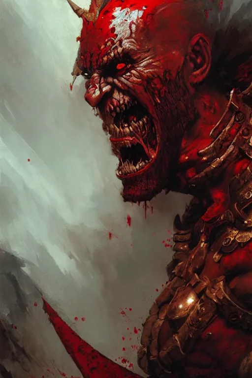 Prompt: khorne, god of blood, extreme detail portrait dnd, painting by gaston bussiere, craig mullins, greg rutkowski, yoji shinkawa