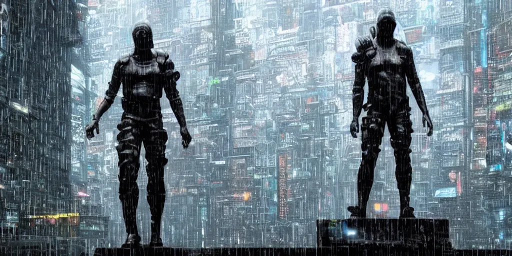 Image similar to cyberpunk statue, rain, space