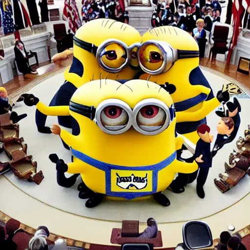 Prompt: a minion meeting president ronald reagan, zoom photograph, oval office, despicable me minions