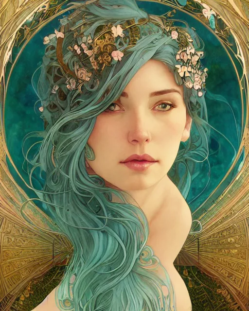 Image similar to an ethereal goddess with turquoise hair | highly detailed | very intricate | art nouveau | gold filigree | romantic storybook fantasy | soft cinematic lighting | award - winning | disney concept art watercolor illustration by mandy jurgens and alphonse mucha and alena aenami | pastel color palette | featured on artstation