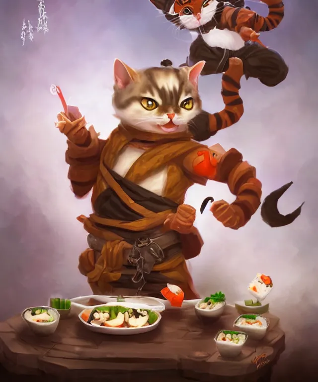 Prompt: a portrait of an anthropomorphic ninja cat eating sushi,, standing in a restaurant surrounded by mice!, cute and adorable, dnd character art portrait, well rendered matte fantasy painting, deviantart artstation, by jason felix by steve argyle by tyler jacobson by peter mohrbacher, cinematic lighting