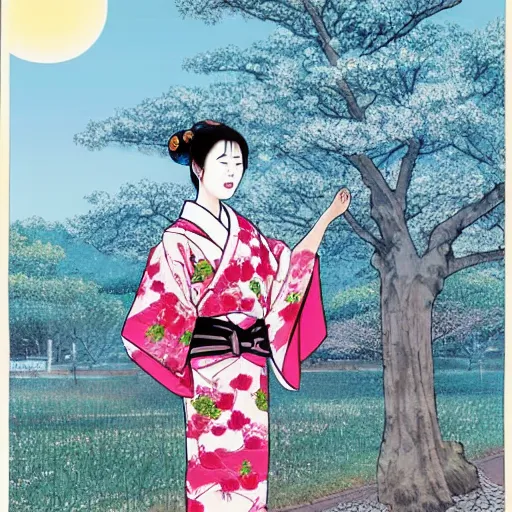 Image similar to A beautiful performance art of a young woman in a traditional kimono, with a background of sakura blossoms. comic book art, apricot by Arthur Boyd, by Glen Fabry