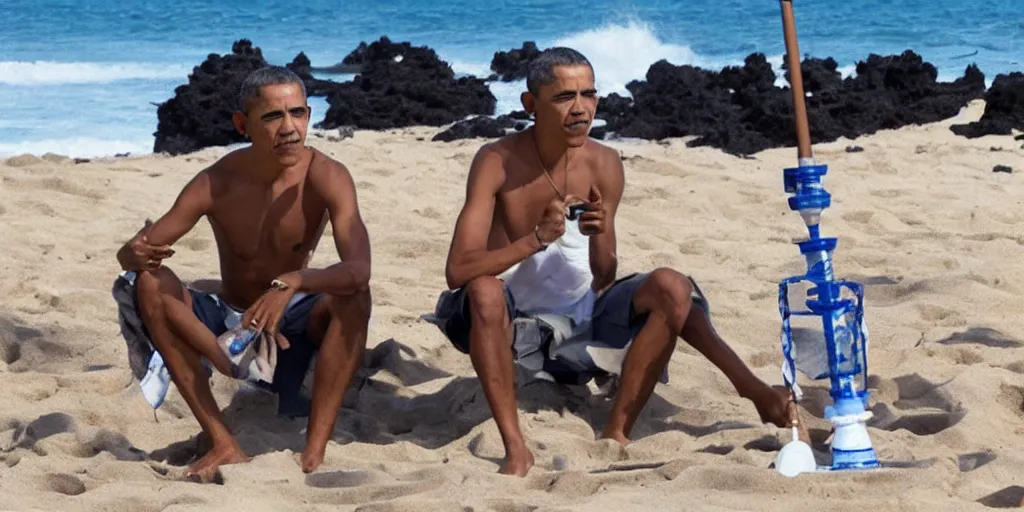 Prompt: barack obama smoking a bong on a beach in hawaii