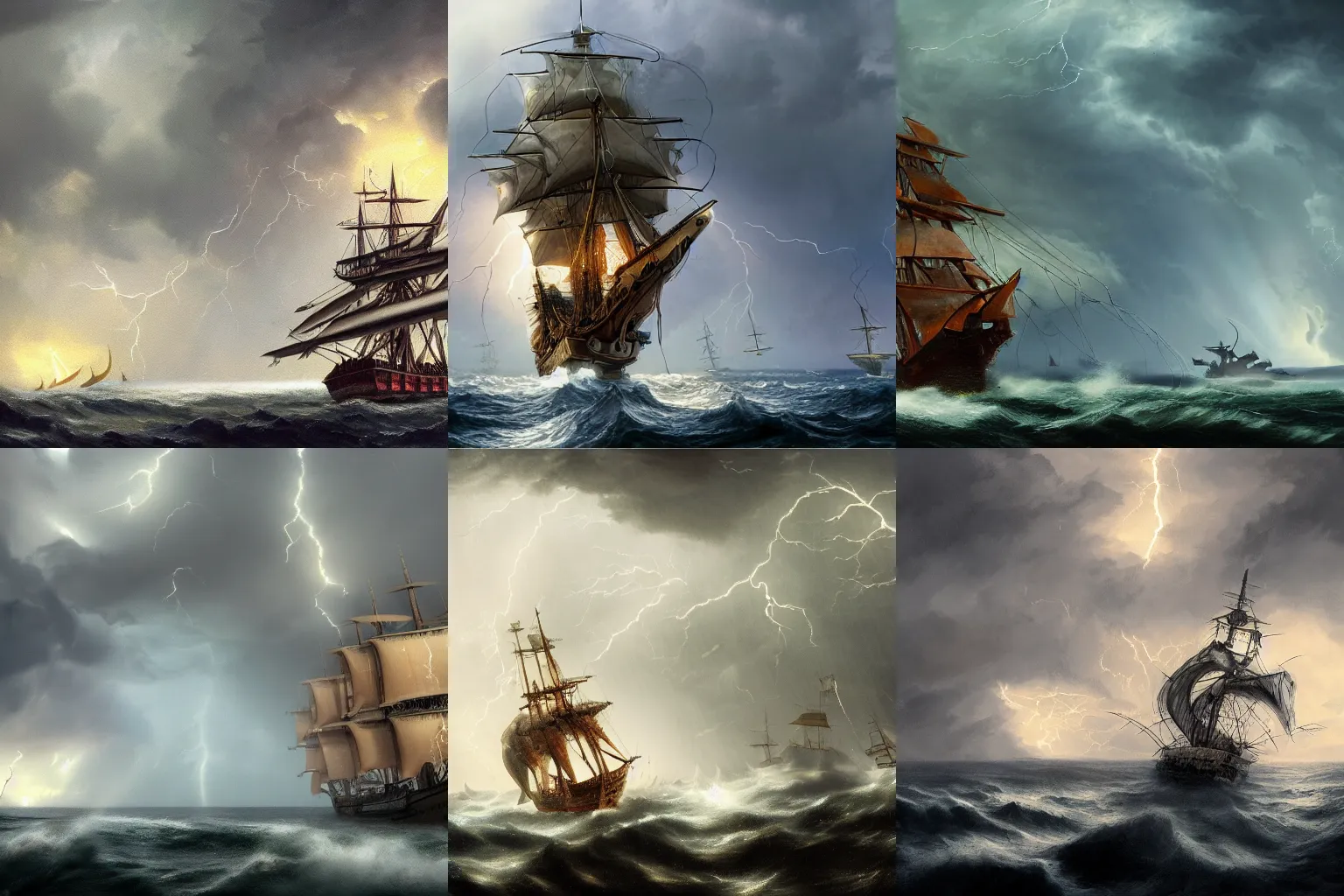 Prompt: a giant squid attacking a 1700's trading galleon, stormy sky, lightning, lightning, lightning, artstation, concept art, 4k