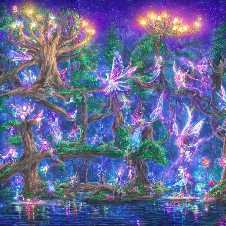 Image similar to a night carnival fairies around a magical tree next to a lake with iridiscent water, christmas lights, volumetric lightning, creatures and fantastic people disguised as fantastic creatures in a magical forest by summer night, masterpieceunderwater scene, masterpiece painted by kelton nelson, scene by night