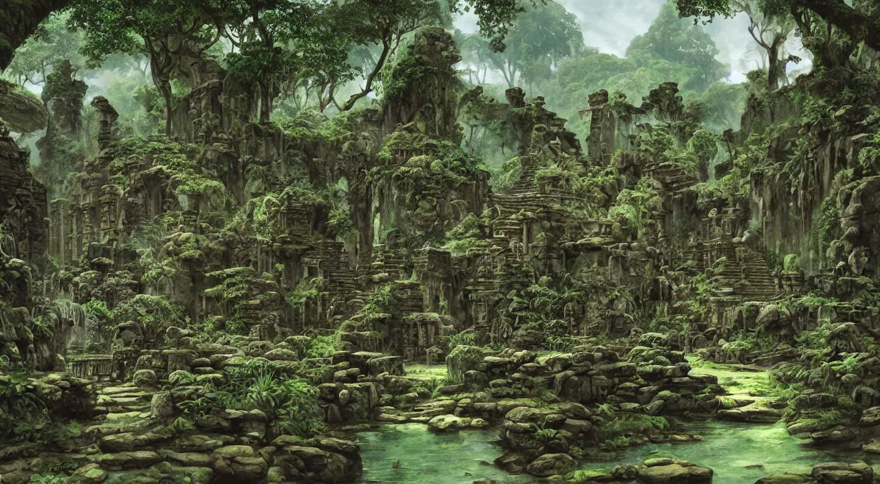 Prompt: ancient stone temple ruins at the end of a pathway next to a river in an overgrown rainforest, by roger dean, by syd mead, robert hubert, laurie lipton, detailed, realistic shadows, rendered in lumion, matte painting