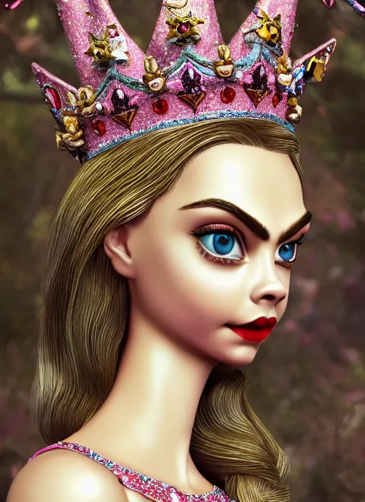 Prompt: closeup face profile portrait of a tin toy cara delevingne as a fairytale princess wearing a crown with tin bunnies, bikini, depth of field, zeiss lens, detailed, symmetrical, centered, fashion photoshoot, by nicoletta ceccoli, mark ryden, lostfish, breathtaking, 8 k resolution, extremely detailed, beautiful, establishing shot, artistic, hyperrealistic, octane render