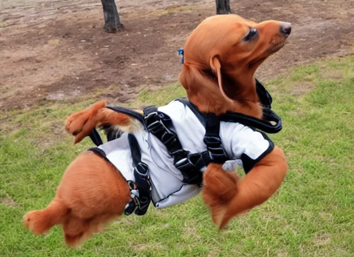 Image similar to brown dauchshund skydiving in a jumpsuit