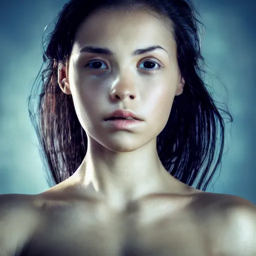 Image similar to an amazing photo, extreme close-up of the face of a young woman exercising, award winning photo, very detailed, cinematic, beautiful lighting effects