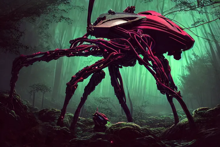 Image similar to portrait of a posed hyper detailed complex, plowhorn evangelion realistic mechanical and bioluminescent organic creature in a dark deep forest at dawn in spring, with reflection and textures, by kilian eng, substance painter reaslitic mech surface metal painted scratches