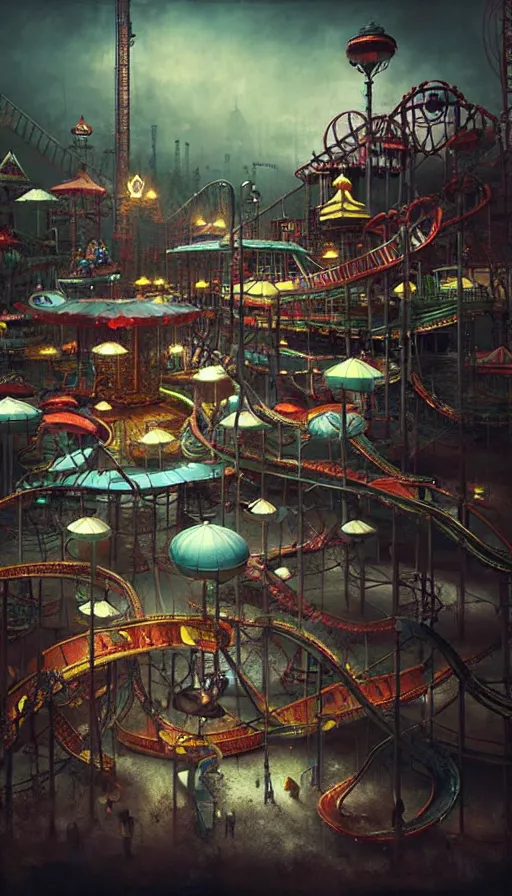 Image similar to michal karcz grunge painting of an amusement park. , monster theme, detailed, elegant, intricate, 4k,